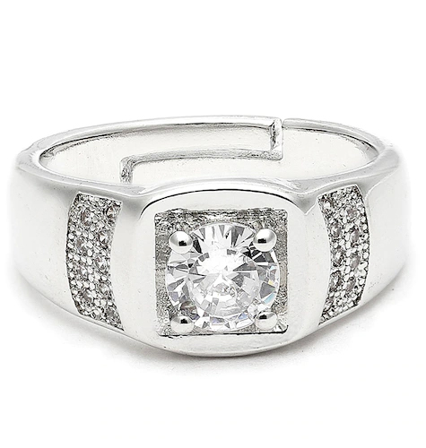 Men Silver-Plated White AD-Studded Adjustable Finger Ring